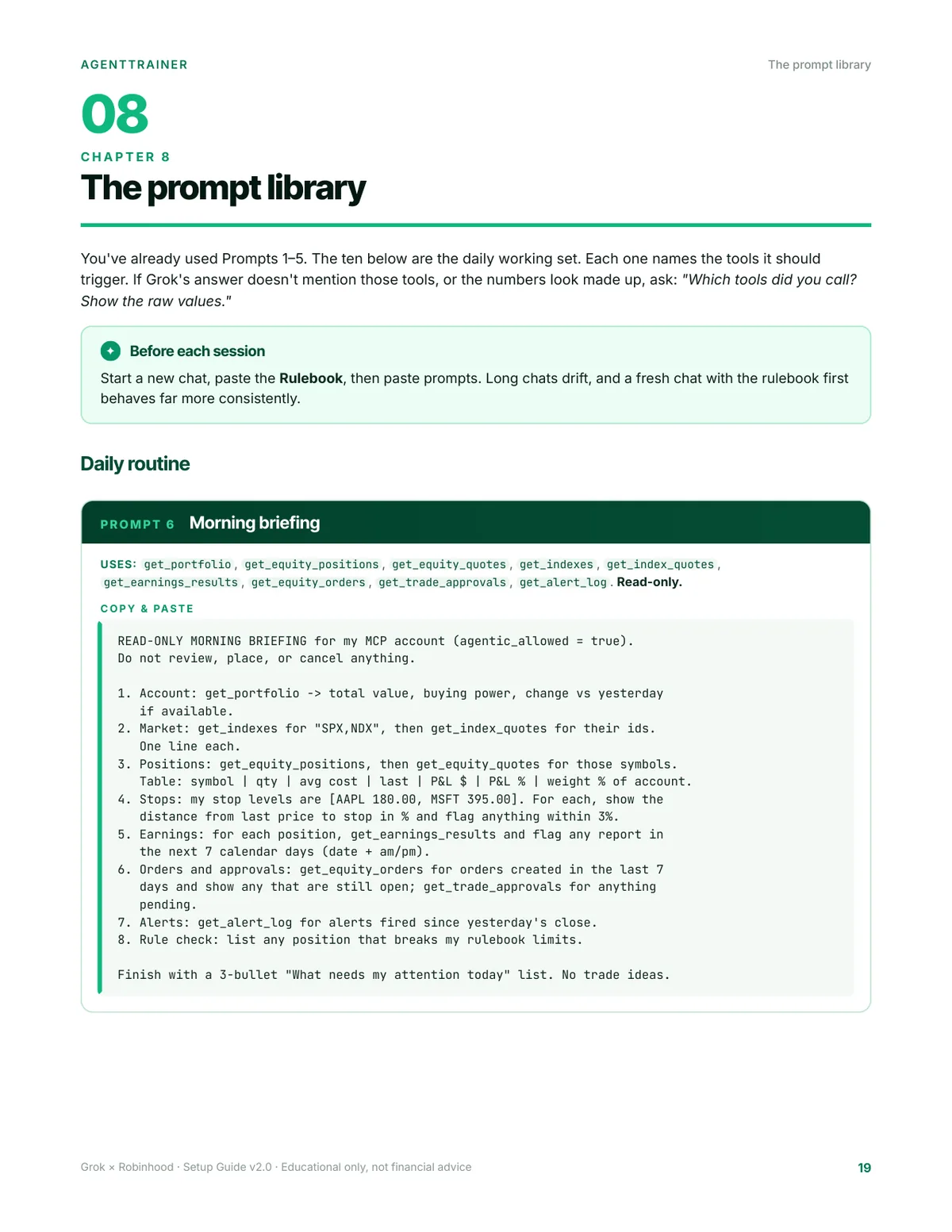 Page from the prompt library with copy-paste Grok prompts for Robinhood