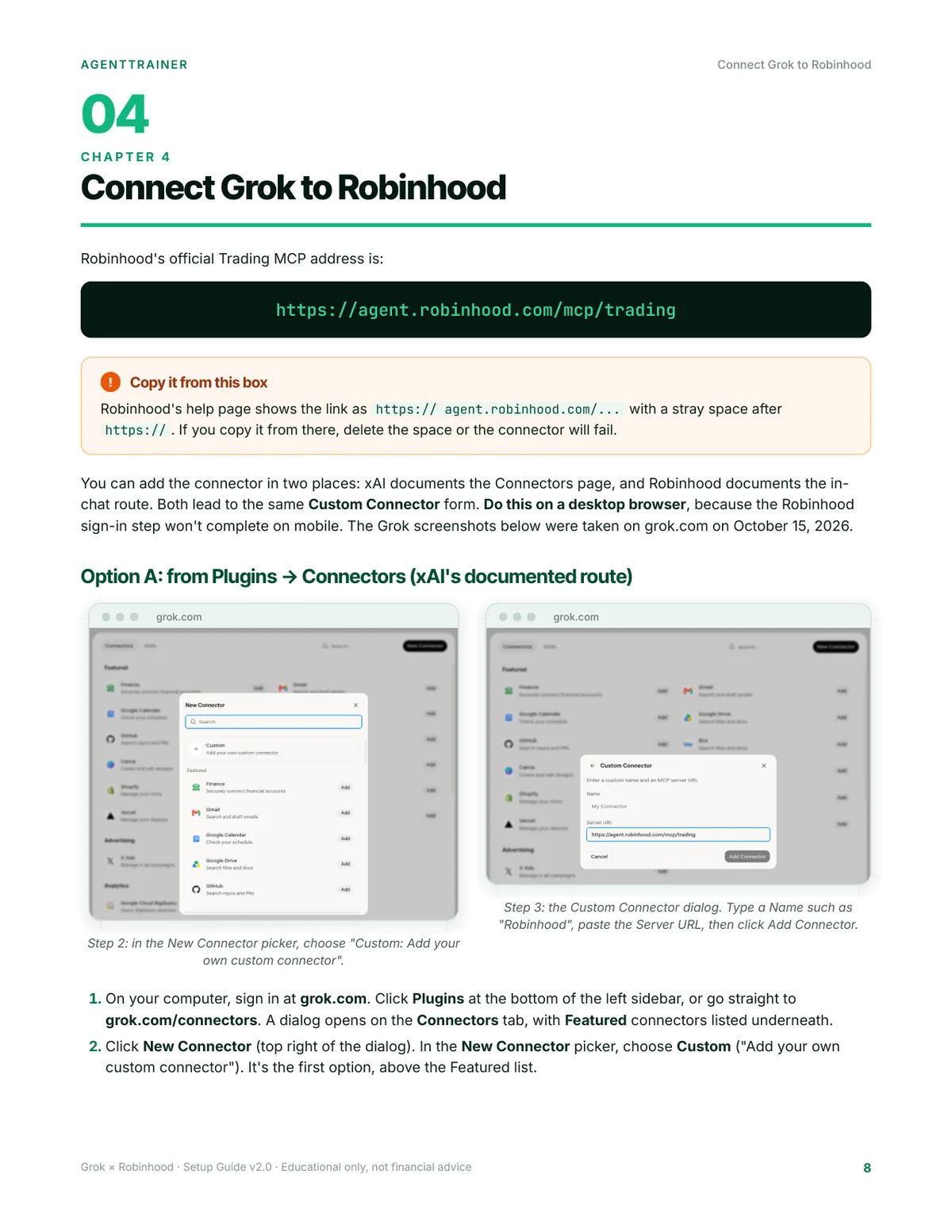 Page from the step-by-step walkthrough connecting Grok to the Robinhood Trading MCP